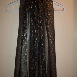 Pagan Wiccan Black Sheer Scarf Wrap with Gold Moons & Stars 59" x 21" Polyester